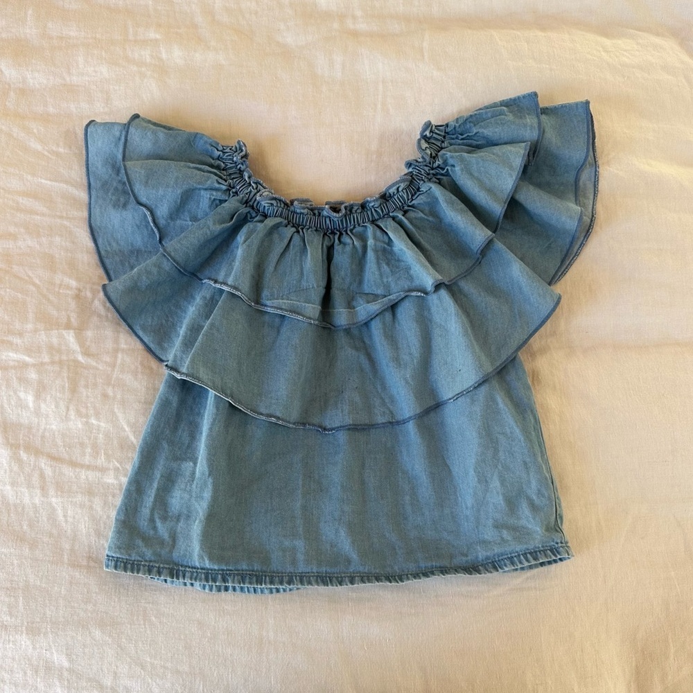 Mayoral Denim Chambray Ruffle Neck Blouse
